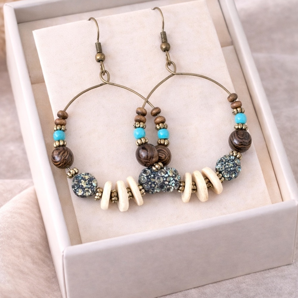 Boho Beaded Hoop Earrings | Turquoise, Wood & Neutral Beads